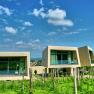 Gartenlofts von Gut Guntrams, © Stefan M. Gergely Moderne Gartenlofts mit großen Fenstern und Holzverkleidung in einer grünen Landschaft unter blauem Himmel.