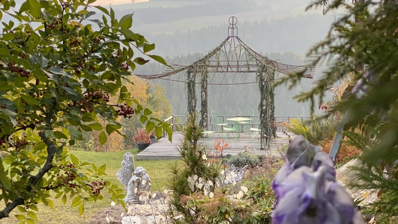 Romantic impressions in the Ecolution.Lab, © Bernd Hochwartner A romantic garden with gazebo, green chairs and table, surrounded by trees and flowers.