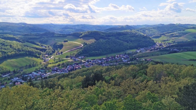 Aussicht vom "Johann Giefing Aussichtsturm", © Turmcafé Schwarzenbach Panoramablick auf grüne Hügellandschaft mit Wäldern, blauem Himmel und kleinem Dorf.