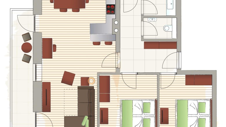 Floor plan Top 8, © Mattone GmbH Floor plan of an apartment with two bedrooms, living room, kitchen and bathroom.