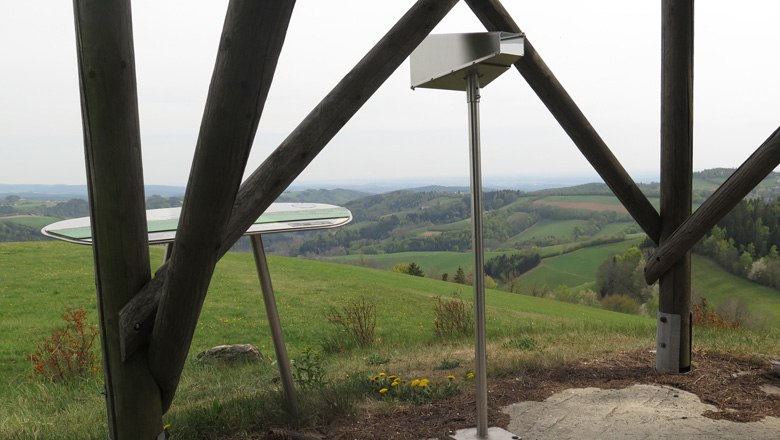 Der südlichste Blickplatz in den Wiener Alpen, © WIA/CW Aussichtspunkt in den Wiener Alpen mit Fernrohr und Panoramatafel.
