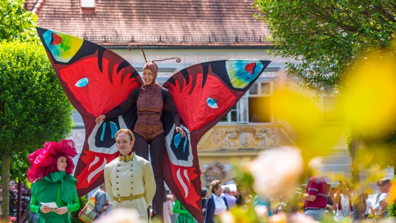 Beim Rosenfest im Rosengarten Pitten, © Wiener Alpen, Christian Kremsl Bunt verkleidete Menschen beim Rosenfest, eine Frau ist auf Stelzen als großer bunter Schmetterling verkleidet