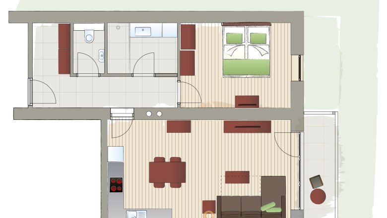 Floor plan Top 5, © Mattone GmbH Floor plan of an apartment with bedroom, living room, kitchen and bathroom.