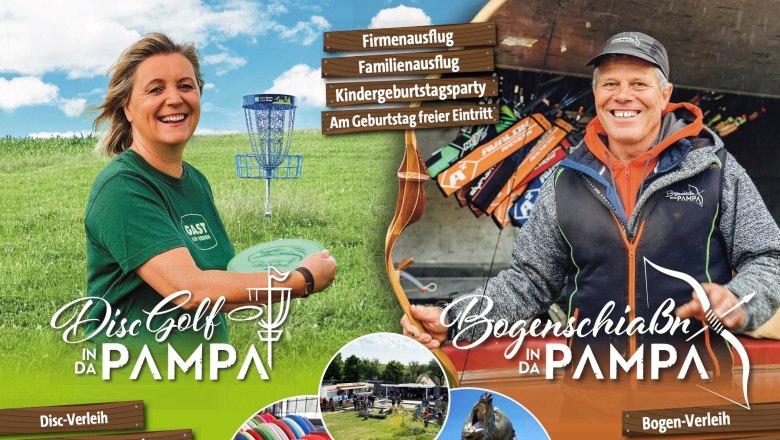 Das Angebot in da Pampa, © Akademie am Trenkerhof/Discgolf Austria Flyer für Disc Golf und Bogenschießen in der Pampa mit Bildern von einer Frau mit einer Discgolf Scheibe und einem Mann mit einem Bogen in der Hand.