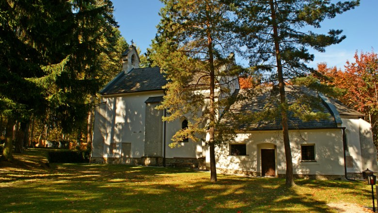 Ulrichskirche und Gläserner Kreuzweg, © Klaus Hruby Eine kleine Kirche im Wald, umgeben von Bäumen und herbstlichem Laub.
