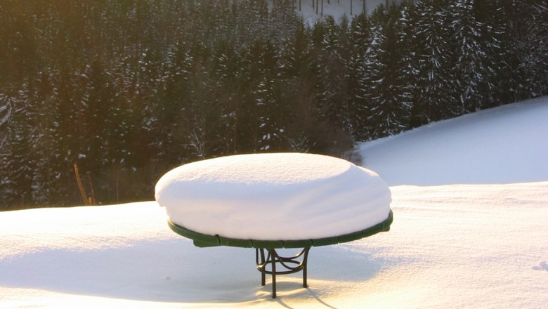Visits are also possible in fall and winter - Ecolution.Lab, © Bernd Hochwartner Snow-covered table in a wintry landscape with a forest in the background.