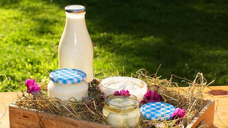 Milchprodukte, © Familie Winkler Eine Flasche Milch und Gläser mit Milchprodukten auf Heu in einer Holzkiste, dekoriert mit Blumen.