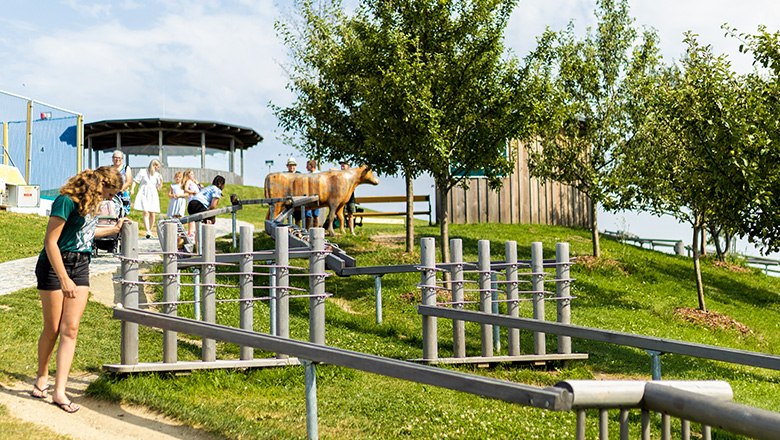 Eis-Greissler adventure park ball tracks, © Blochberger Eisproduktion GmbH Wooden marble runs on a green meadow, with children and trees next to them.