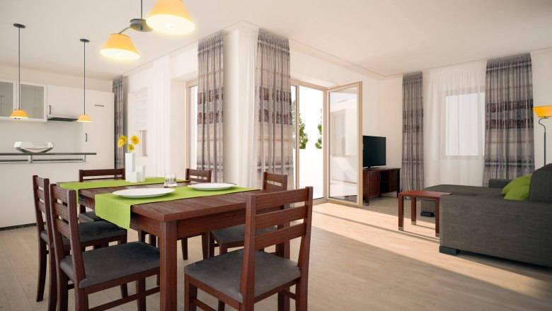 Modernes Wohnzimmer mit Esstisch, Stühlen, Sofa und Fernseher.