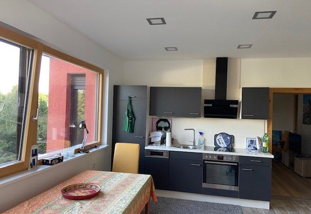 Modern kitchen with gray cabinets, stove, sink and table with colorful tablecloth.