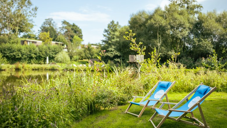Zwei blaue Liegest&uuml;hle auf einer Wiese am Ufer eines Teiches, umgeben von gr&uuml;ner Vegetation.