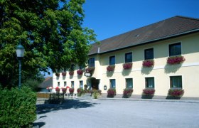 Ein traditionelles Gasthaus mit gelber Fassade und Blumenk&auml;sten an den Fenstern.