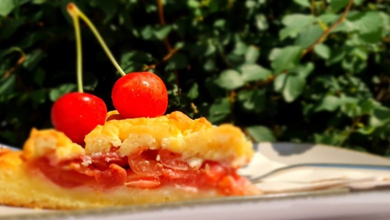 A slice of cherry cake with two cherries as decoration, green leaves in the background.