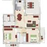 Grundriss einer Wohnung mit zwei Schlafzimmern, Küche, Wohnzimmer, Essbereich und zwei Balkonen.