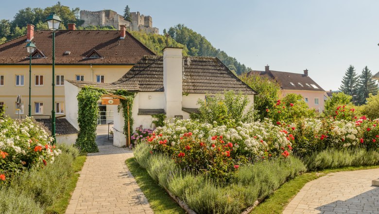 Ein gepflegter Rosengarten mit roten und weißen Rosen, im Hintergrund eine Burg auf einem Hügel.
