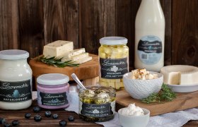 Verschiedene Milchprodukte von Lamprecht schön drapiert auf Holzbrettern, dekoriert mit Beeren und Kräutern.