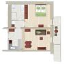 Grundriss einer Wohnung mit Schlafzimmer, Wohnzimmer, Küche, Bad und Balkon.