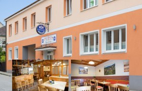 Au&szlig;enansicht von Piri's Gasthaus und Innenansichten des Gastraums.