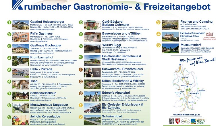 Informationsblatt über Gastronomie und Freizeitangebote in Krumbach mit Adressen und Bildern von Restaurants und Sehenswürdigkeiten.