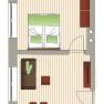Grundriss einer Wohnung mit Küche, Wohnzimmer und Bad.