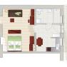 Grundriss einer Wohnung mit Wohnzimmer, Schlafzimmer, Küche, Bad und Balkon.