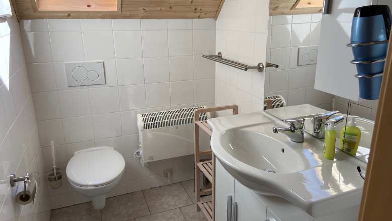 Modernes Badezimmer mit Dachfenster, Waschbecken, Toilette und Handtuchhalter.