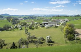 Panorama einer ländlichen, hügeligen Landschaft mit grünen Feldern, blühenden Bäumen und einem Bauernhof im Hintergrund.