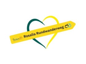 Das Logo des Rosalia Rundwanderweges - ein gelber Wegweise mit der Aufschrift Rosalia Rundwanderweg und ein Herz, das zur Hälfte blau-grün und gelb ist., © Verein Erlebnisregion Bucklige Welt - Thermengemeinden