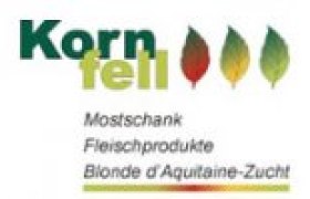 Logo der Mostschank Familie Kornfell mit Blättern und Text in grüner Schriftfarbe.