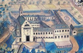 Historische Zeichnung der Pfarrkirche Katzelsdorf mit umliegenden Gebäuden und Gärten.