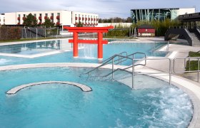Außenpool des Hotel Linsberg Asia mit rotem Torii und modernen Gebäuden im Hintergrund.