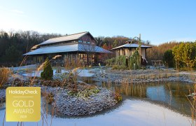 Asiatisch inspiriertes Geb&auml;ude mit Teich und Winterlandschaft.
