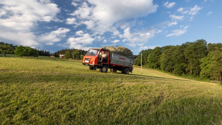 Ein Traktor mit Anhänger voller Heu fährt über ein grünes Feld unter einem blauen Himmel mit Wolken.