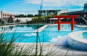 Außenansicht der Linsberg Asia Therme mit Pool und rotem Torii.