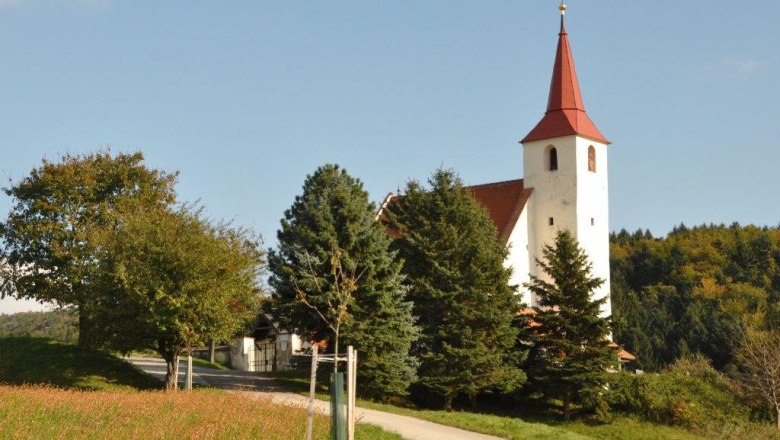 Pfarrkirche Ofenbach mit rotem Turmdach, umgeben von B&auml;umen und Wiesen.