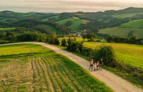 Eltern und zwei Kinder wandern am Rosalia Rundwanderweg am Waldesrand