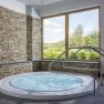 Wellnessraum mit Whirlpool, Steinwänden und großem Fenster mit Blick ins Grüne.