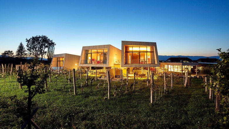 Moderne Gartenlofts auf Gut Guntrams bei D&auml;mmerung, umgeben von Weinreben.