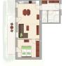 Grundriss einer Wohnung mit Wohnzimmer, Küche, Schlafzimmer, Bad und Balkon.