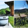 Two pictures of a garden with a wooden house and a fire bowl.