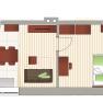 Grundriss einer Wohnung mit Küche, Wohnzimmer, Bad und Balkon.