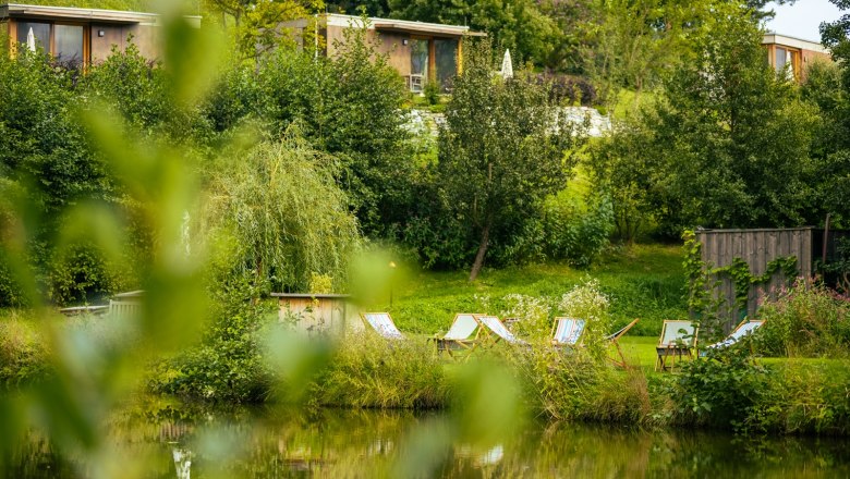 A peaceful garden with sun loungers by the pond, surrounded by trees and green vegetation.