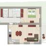 Grundriss einer Wohnung mit Schlafzimmer, Wohnzimmer, Küche und Bad.