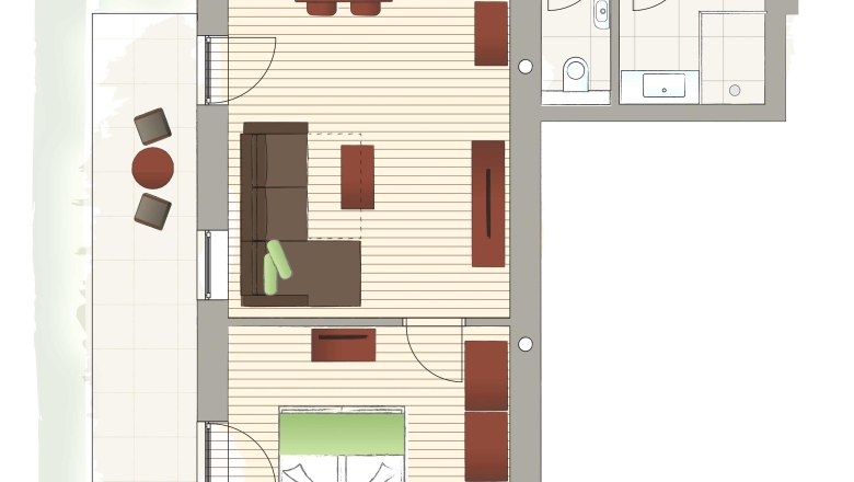 Grundriss einer Wohnung mit Wohnzimmer, Küche, Schlafzimmer, Bad und Balkon.
