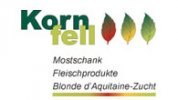 Logo of Mostschank Familie Kornfell with leaves and text in green font color.
