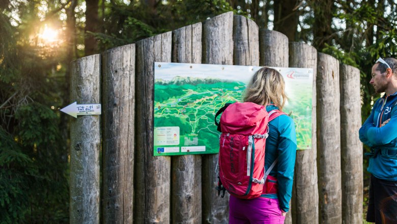 Zwei Wandernde betrachten eine Wanderkarte im Wald.