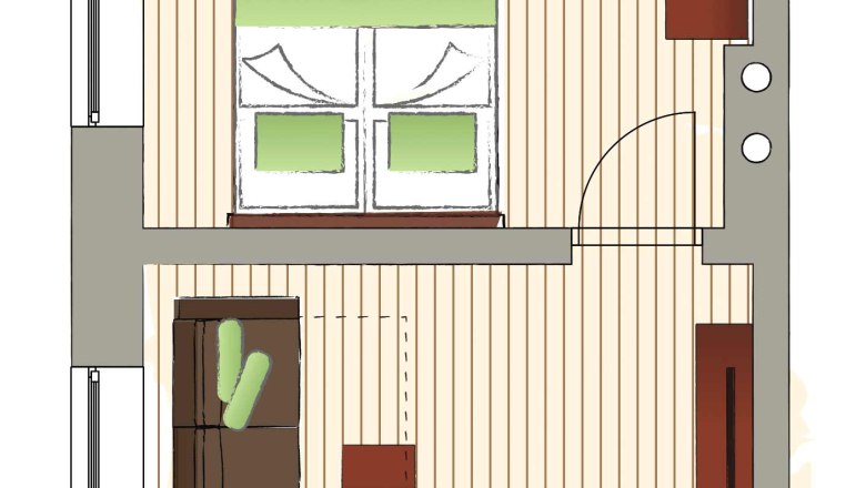 Grundriss einer Wohnung mit Küche, Wohnzimmer und Bad.