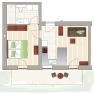 Grundriss einer Wohnung mit Schlafzimmer, Badezimmer, Küche und Wohnzimmer.