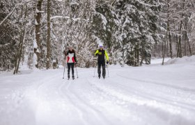 Zwei Personen beim Skilanglauf auf einer verschneiten Waldloipe.