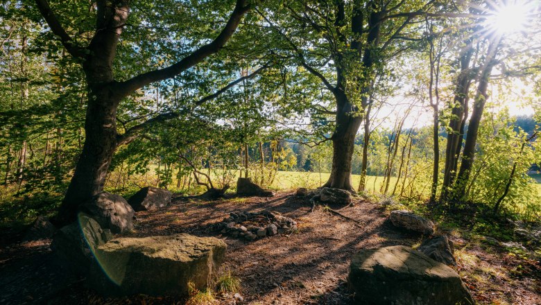 Ein Steinkreis im Wald mit Sonnenlicht, das durch die Bäume scheint.